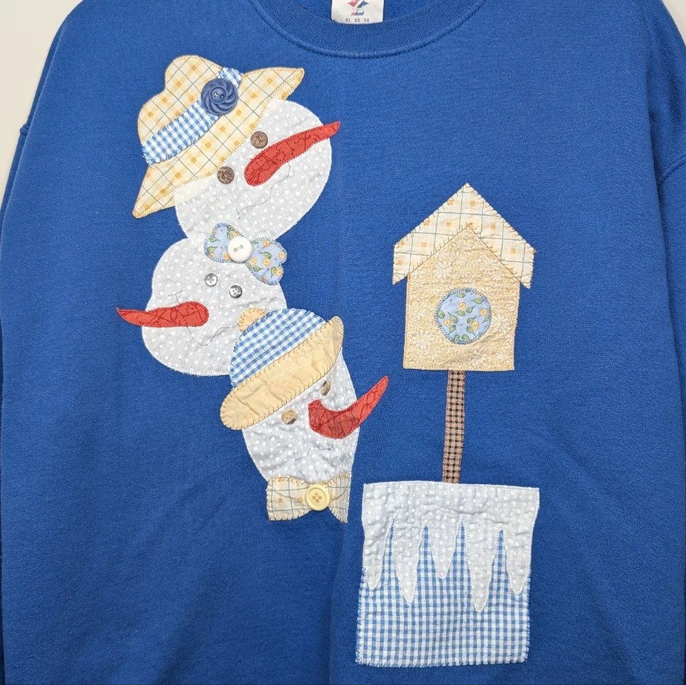 Vintage Jerzees Patchwork Snowman Sweatshirt Blue Winter Graphic Size XL